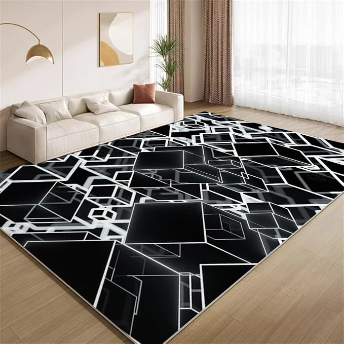 3D Geometric Area Rugs, Black White Block Pattern Carpet, Washable Non Slip Low Pile Soft Rug for Living Room Bedroom Decor Mat 4x5ft