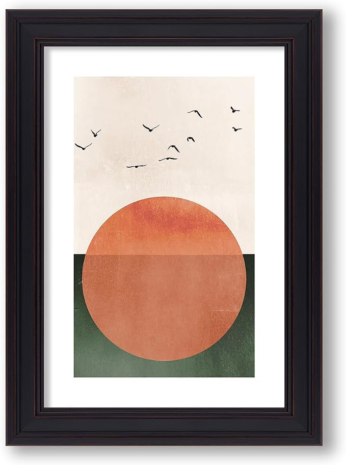 Vintage Framed Japanese Minimalist Sunset With Bird Wall Art Nature Geometric Abstract Poster Modern Mid Century Eclectic Canvas Prints for Living Room Gallery Home Decor 20x30 inch
