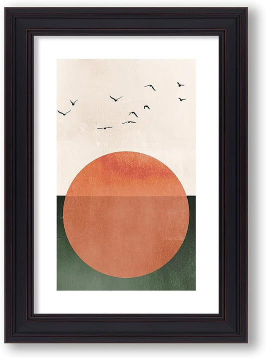 Vintage Framed Japanese Minimalist Sunset With Bird Wall Art Nature Geometric Abstract Poster Modern Mid Century Eclectic Canvas Prints for Living Room Gallery Home Decor 20x30 inch