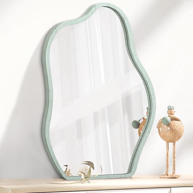 Asymmetrical Cloud Mirror for Wall Modern Wooden Framed Wall Mirror Unique Shape Wall Mounted Vanity Artistic Wavy Mirrors Decorative for Living Room Bedroom Bathroom Entryway
