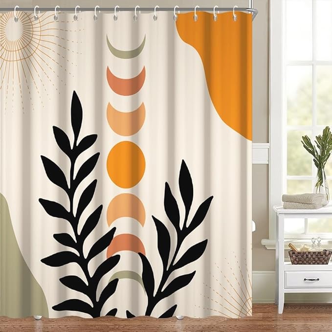 Mid Century Boho Shower Curtain for Bathroom Black Leaves Orange Sun Moons Bathtub Curtains Modern Bohemian Abstract Bathroom Decor Set Washable Waterproof Polyester Fabric with Hooks 72x72 Inch