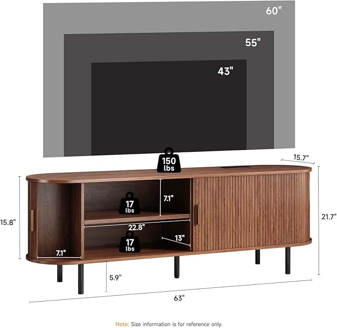 63" Fluted TV Stand with Power Outlet, Modern Media Console with Sliding Doors, Entertainment Center for TVs up to 60 Inch, Adjustable Shelves, Walnut