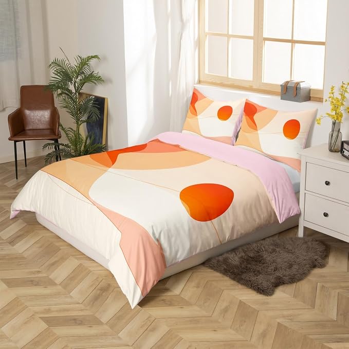 Erosebridal Mid Century Art Comforter Cover Full for Kids Boys Girls,Orange Circles Geometric Duvet Cover,Minimalist Style Bedding Set,Modern Fashion Bed Set with 2 Pillowcases Bedroom Decor