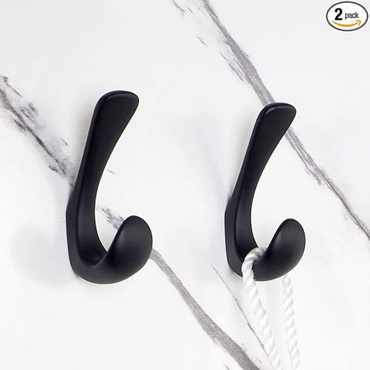 2 Pack Towel Hooks for Bathrooms Wall Mounted, Matte Black Bathroom Hooks for Towels, Robe & Towel Hook for Wall, Modern Black Bath Towel Hook