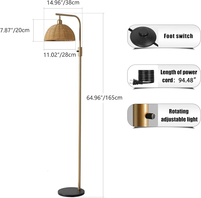 Boho Floor Lamp for Living Room: Rattan Floor Lamp for Bedroom - Gold Standing Lamp with Dimmable Tall Lamp,No Bulb