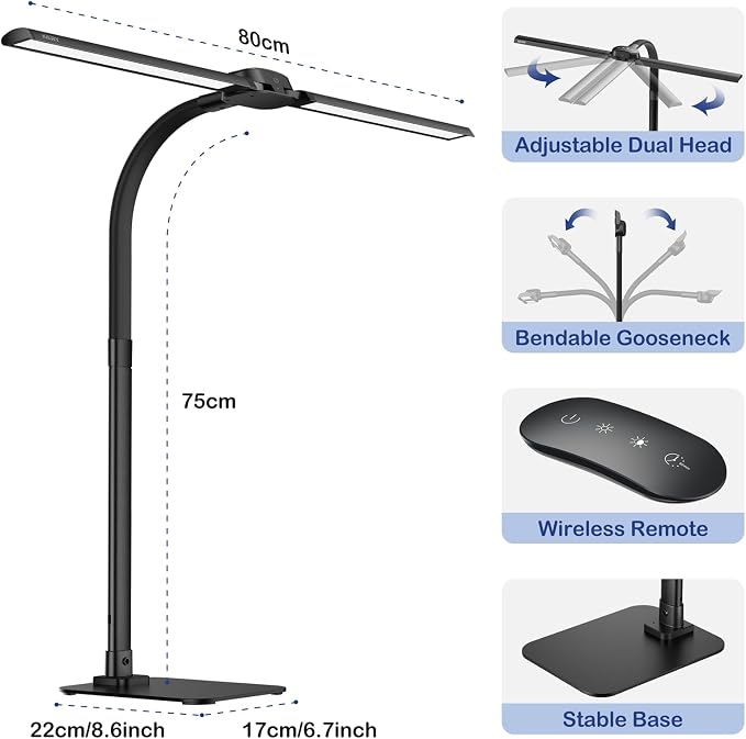 Desk Lamp with USB Charging Port for Home Office 24w Architect Remote Base Dual Task Led Light Modern 5 Color Modes Dimmable Adjustable Gooseneck Double Head Reading Drafting Eye Caring Tall Lamps