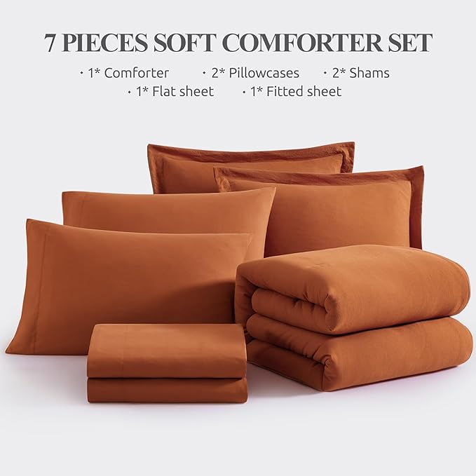 WRENSONGE Oversized Queen Comforter Set - 7 Pieces Burnt Orange Bed in a Bag Queen with Sheets, 2 Pillow Shams, and 2 Pillowcases- Warm Bedding Sets Queen for All Season