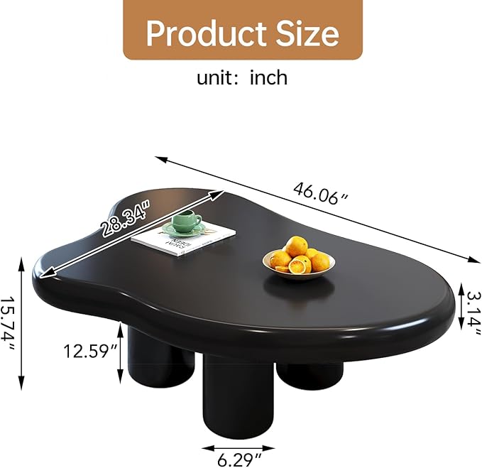 46.06" Black Large Cloud Coffee Table, Modern Round Edge Coffee Table with 4 Sturdy Support Legs and 2.67" Thick Tabletop,Easy Match for Living Room, Bedroom, Balcony,Patio