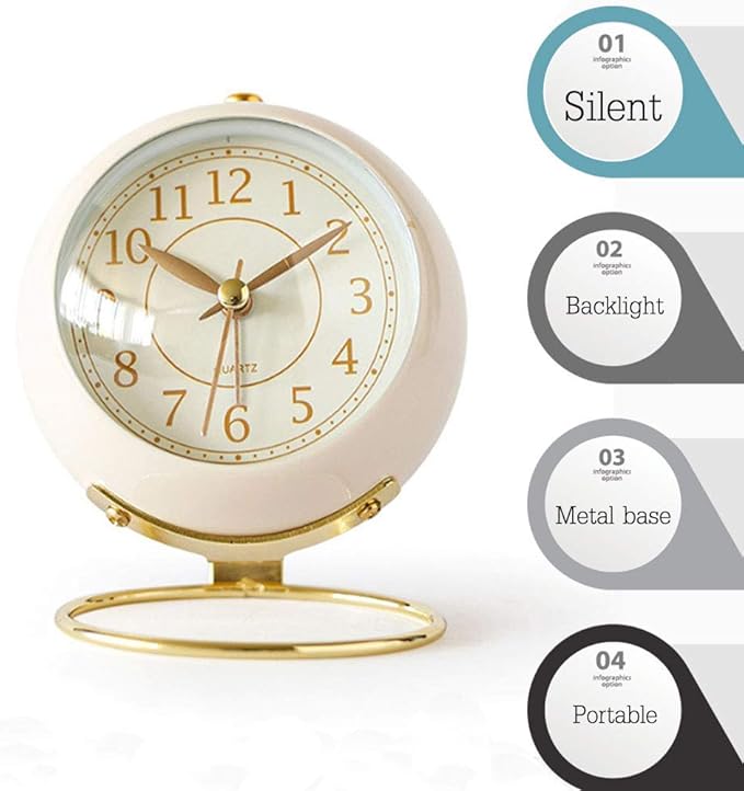 SHISEDECO Small Tableclocks Classic Non-Ticking Tabletop Alarm Clock with Backlight, Battery Operated Astronaut Deskclock with HD Glass for Living Room Bedroom Bedside Indoor Decor (White)
