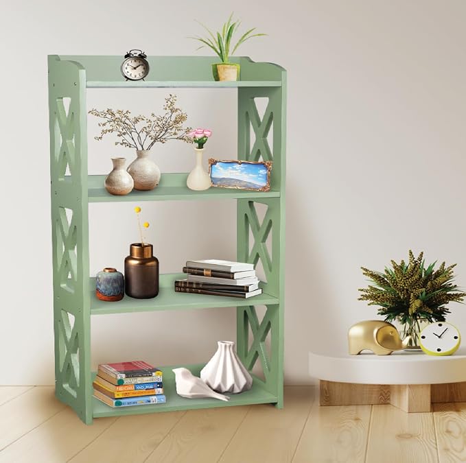 Green Bookcase by Natural Wood, 4 Tier Bookshelf, Small Book Shelves Freestanding Display Storage Shelves. Open Bookshelf for Bedroom, Living Room and Office (Green, 4 Tier)