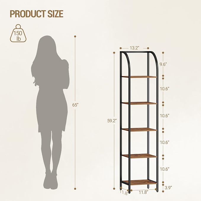 Hzuaneri Bookshelf Bookcase Narrow Bookcase Shelf Organizer with Steel Frame for Study Living Room Bedroom Kitchen Home Office Industrial Bookshelf 5-Tier Rustic Brown BC55001B