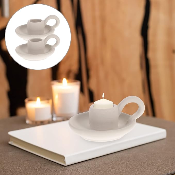 DOITOOL 2Pcs Ceramic Candle Holder Candlestick Holder with Handle, Taper Candle Stand Candlelight Stand Holder Decorative Candle Display Holder for Desktop Dining Room Home Decoration Display (White)