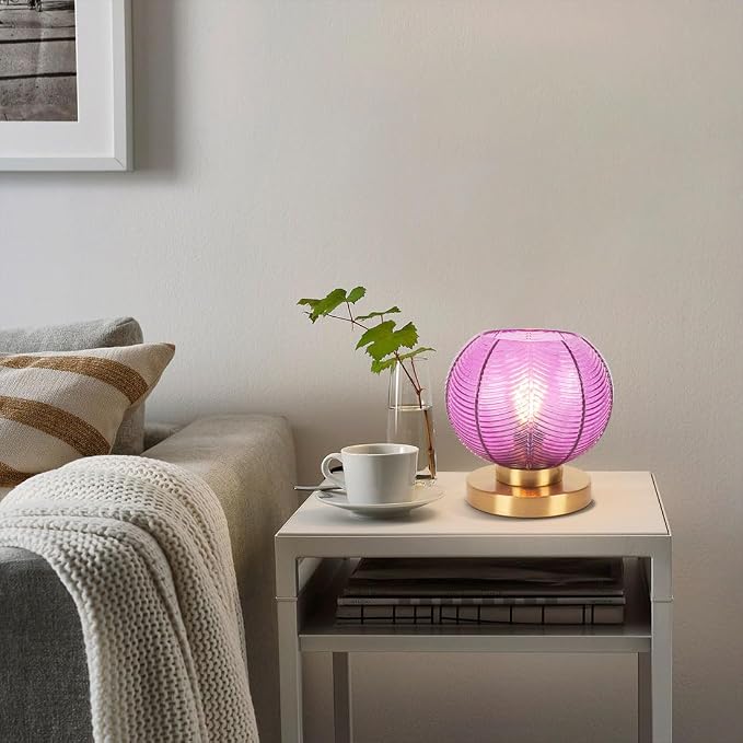 Gold Mid Century Modern Table Lamp with Purple Ribbed Glass Shade - Globe Desk Nightstand Lamp for Bedroom, Living Room, Office