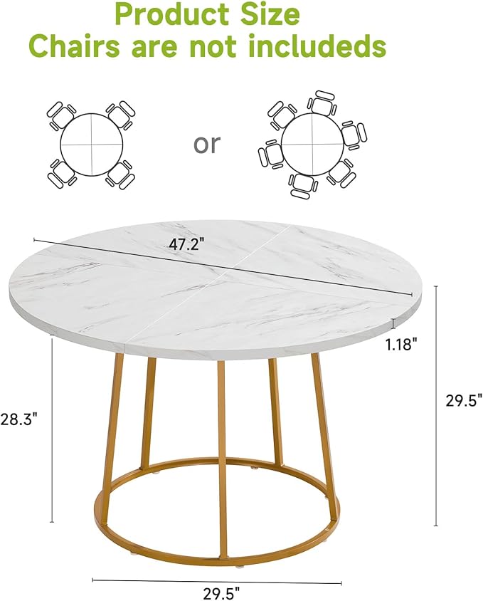 ONBRILL Round Dining Table, 47.24 Inch, Wooden Faux Marble with Gold Base, Circle Modern Small Table for Home Dining Room, Kitchen, Restaurant (White)