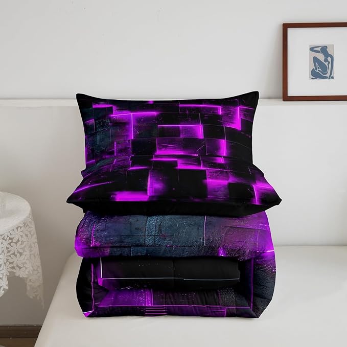 Black Purple Abstract Comforter Twin Gradient Square Twin Bedding Set, Grid Down Comforter Neon Checkered Bed Set Glowing Plaid Quilted Duvet 3D Modern Bedroom Decor 2pcs (Black Reversible)