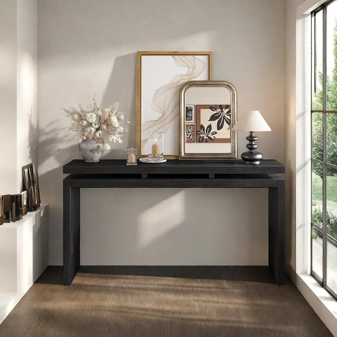 60" Console Table, Retro Narrow Sofa Table with Double Board Suspension Design for Living Room, Black