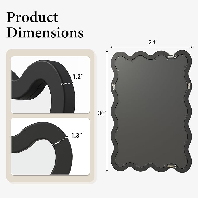 24"x36" Matte Black Wavy Wall Mirror for Bathroom Vanity, Large Solid Wood Asymmetrical Mirror, Irregular Squiggle Mirror for Bedroom, Modern Funky Aesthetic Decor