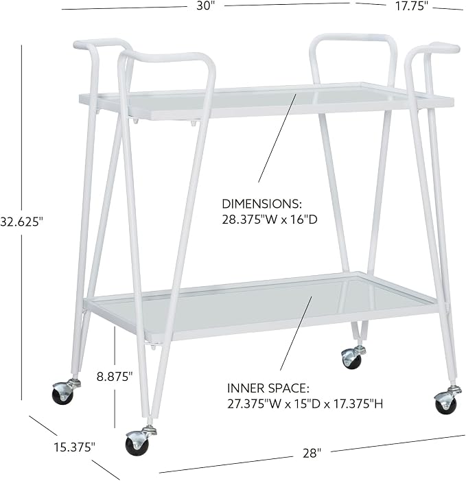 Linon Gina White Mid-Century Bar Cart with Mirrored Shelves and Locking Wheels