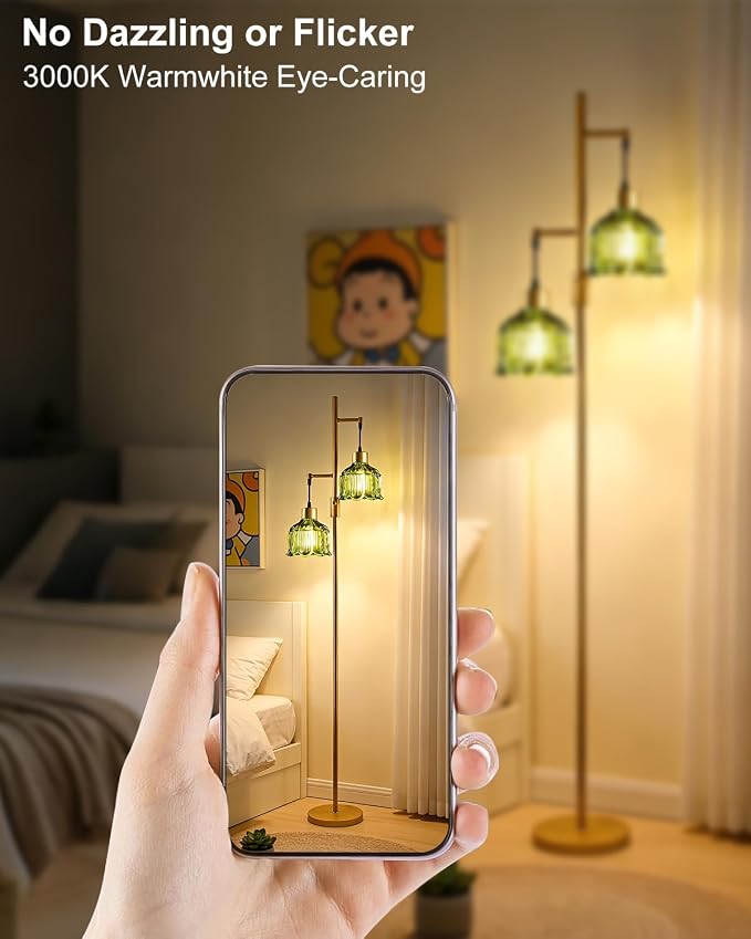 2-Light Modern Glass Floor Lamp, Gold Tall Standing Lamp with Green Flower Glass Shade for Reading, Dimmable LED Floor Lamp with 5Lbs Heavy Base for Living Room Bedroom Home Decor, Bulb Included