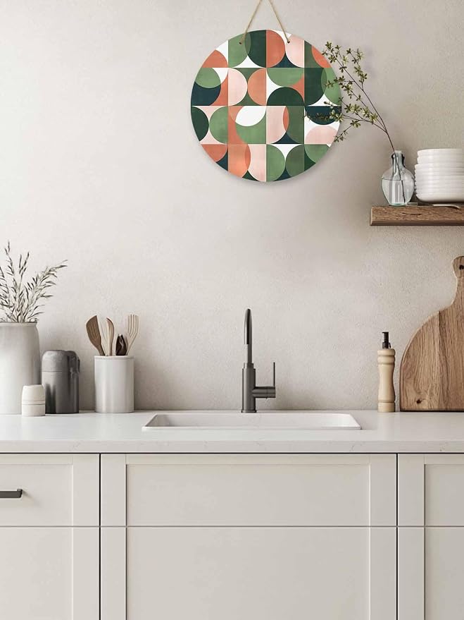 Welcome Sign for Front Door Mid Century Geometric Wood Door Hanger for Outdoor Outside Porch,12 Inch Round Wooden Wreath Indoor Wall Hanging Decoration, Abstract Modern Green Orange