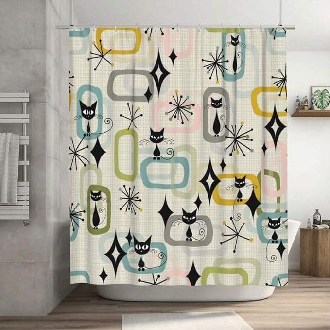 Mid Century Shower Curtain Retro 60s Geometric Aesthetic Black Cat Pattern Duty Fabric Shower Curtains Set Bathroom Polyester Waterproof with 12 Hooks, 66x72Inch（168x183cm）