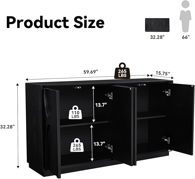59" Sideboard Buffet Cabinet with Storage, Mid-Century Modern Solid Wood Veneer Buffet Sideboard Accent Credenza with Adjustable Shelves for Living Room Kitchen Hallway (Black)