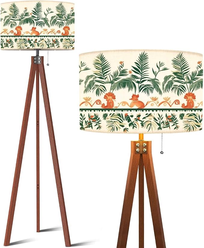 Wood Tripod Floor Lamp Tropical palm tree Asian tiger long seamless border Cute jungle repeat Mid Century Standing Lamp Linen Shade Dimmable Modern Tall lamp Home Decor for Living Room Bedroom Office