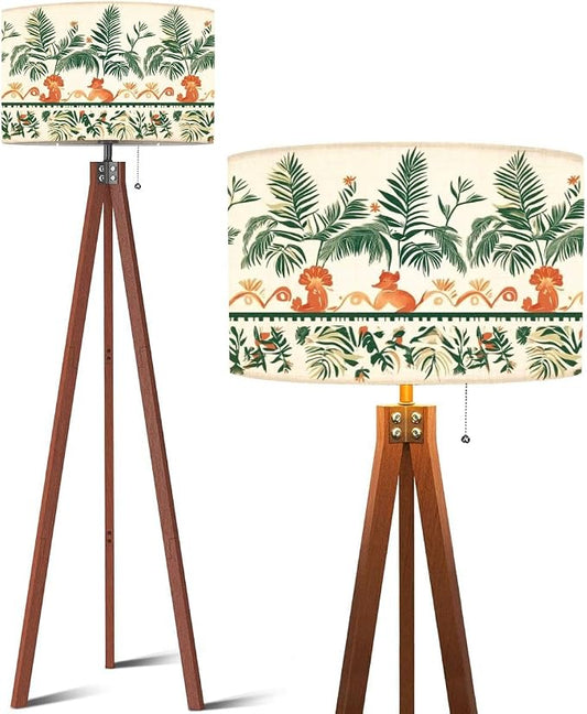 Wood Tripod Floor Lamp Tropical palm tree Asian tiger long seamless border Cute jungle repeat Mid Century Standing Lamp Linen Shade Dimmable Modern Tall lamp Home Decor for Living Room Bedroom Office