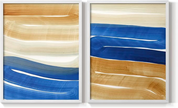 Renditions Gallery Set of 2 Peel & Stick Framed Prints, Abstract Wall Art, Blue and Gold Wave Textured Background Wall Decor, Re-Stickable - Ready to Hang - 16"x20" - White Frame LT588