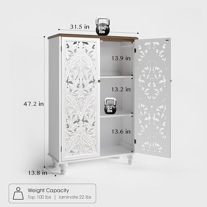 47" Tall Accent Cabinet with Carved Doors, Distressed White Wood Storage Cabinet with 3-Tier Shelves, Boho Farmhouse Sideboard Buffet for Small Spaces, Entryway & Living Room