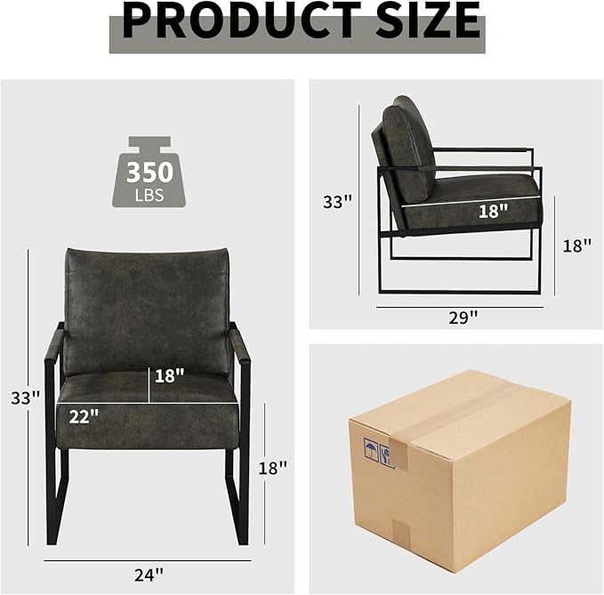 CANMOV Modern Accent Chair Set of 4, PU Leather Armchair with Metal Frame,Comfy Single Reading Chair with Soft Padded Backrest and Cushion for Living Room, Bedroom,Reading Room,Office,Dark Grey