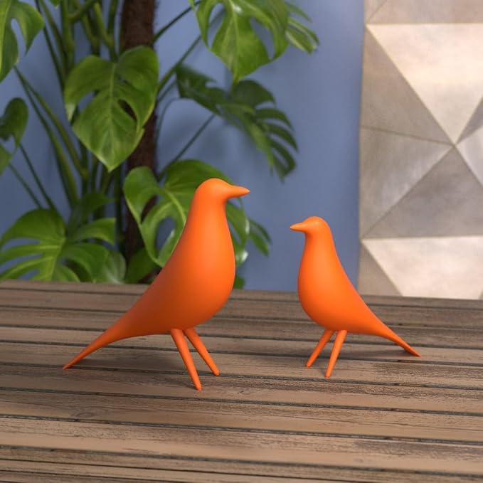 Mid Century Modern Retro Style Bird Family Decor Vintage Look Figurines 1960s 50s MCM Midmod Set of 2 Office Decoration Home Living room Gift (Orange)