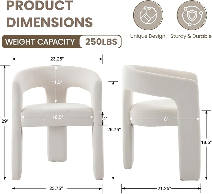 HNY Modern Barrel Kitchen & Dining Room Chairs Set of 6, Chenille Upholstered Accent Chairs with Arm, 18.5'' Wide Side Armchairs Vanity Chairs for Living Room Bedroom Makeup Small Spaces, White