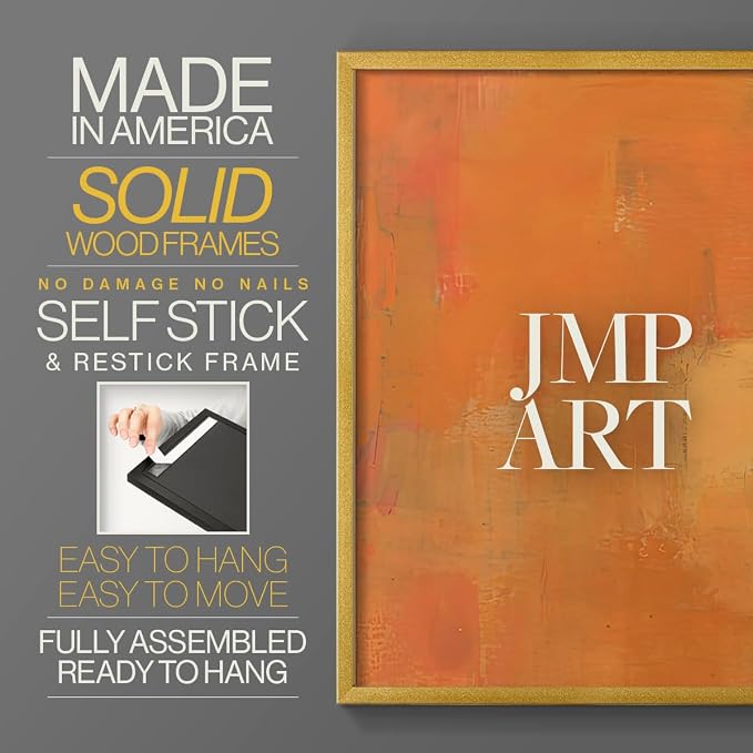 Renditions Gallery Set of 2 Peel & Stick Framed Prints, Abstract Wall Art, Rustic Fain Marking with Brush Strokes Wall Decor, Re-Stickable - Ready to Hang - 22"x28" - GOLD Frame LT588