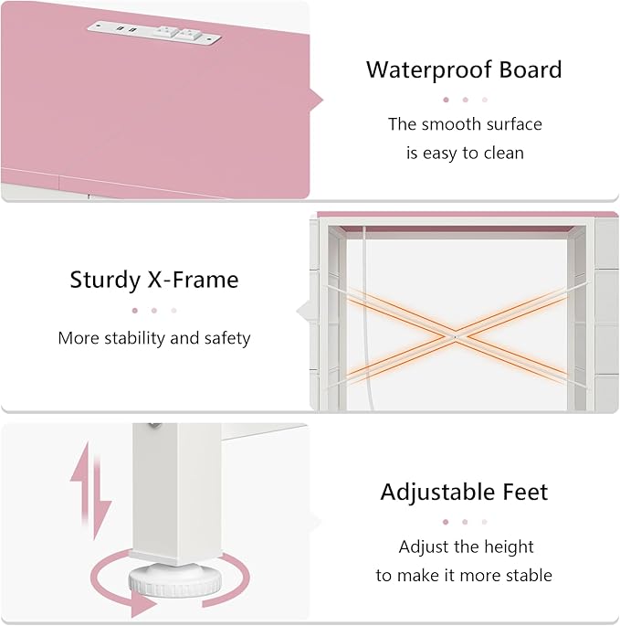 YOMILUVE 50 Inch Computer Desk with 8 Drawers, Home Office Desk with Power Outlets, Work Study Gaming Desk with 8 Fabric Drawers, Pink