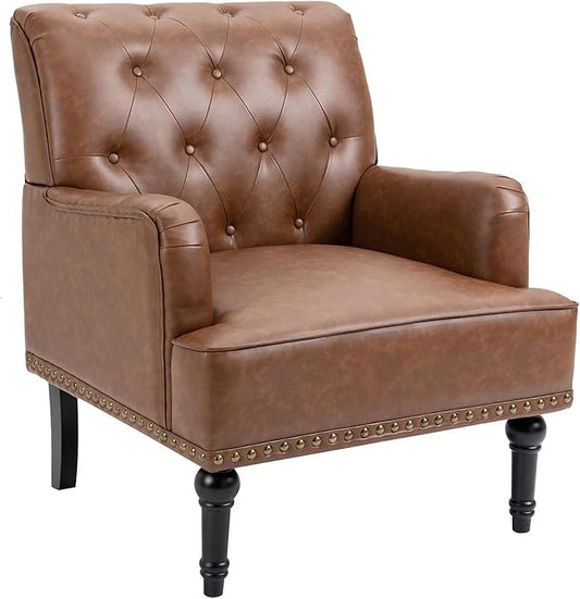 MOJAY Faux Leather Accent Chair, Mid-Century Armchair Living Room Sofa Chair with Rubber Wood Leg, Club Chair with Rivet Trim for Bedroom Reading Room Reception (Brown)