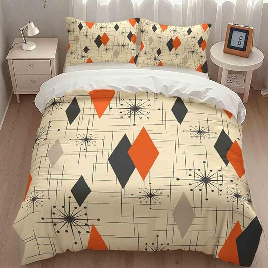 Mid Century Bedding Set,Retro Starbursts Abstract Orange Black Geometric Minimalist 1950s 60s Pattern Comforter Set with Pillowcase for Bedroom Bed Decor,King 102"x90"