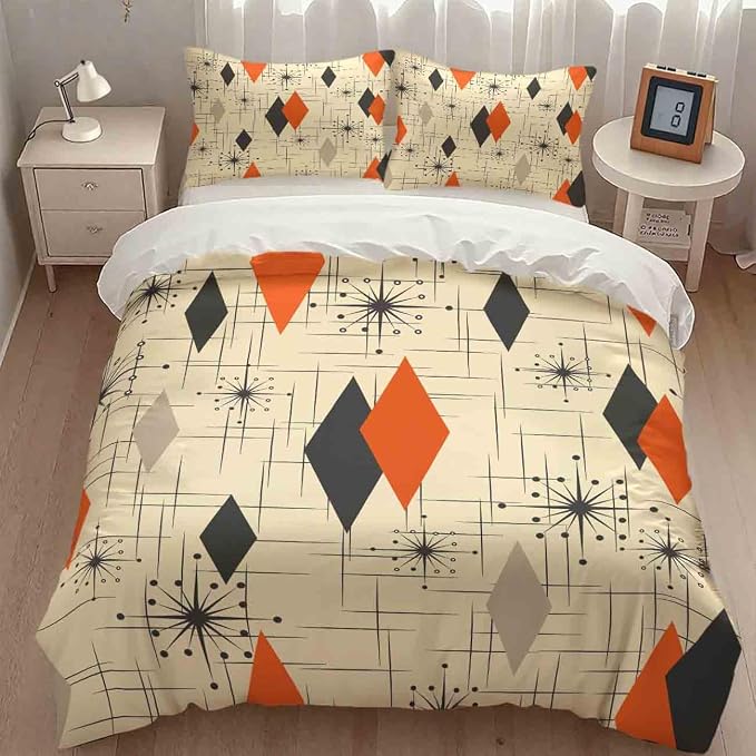 Mid Century Bedding Set,Retro Starbursts Abstract Orange Black Geometric Minimalist 1950s 60s Pattern Comforter Set with Pillowcase for Bedroom Bed Decor,Queen 90"x90"