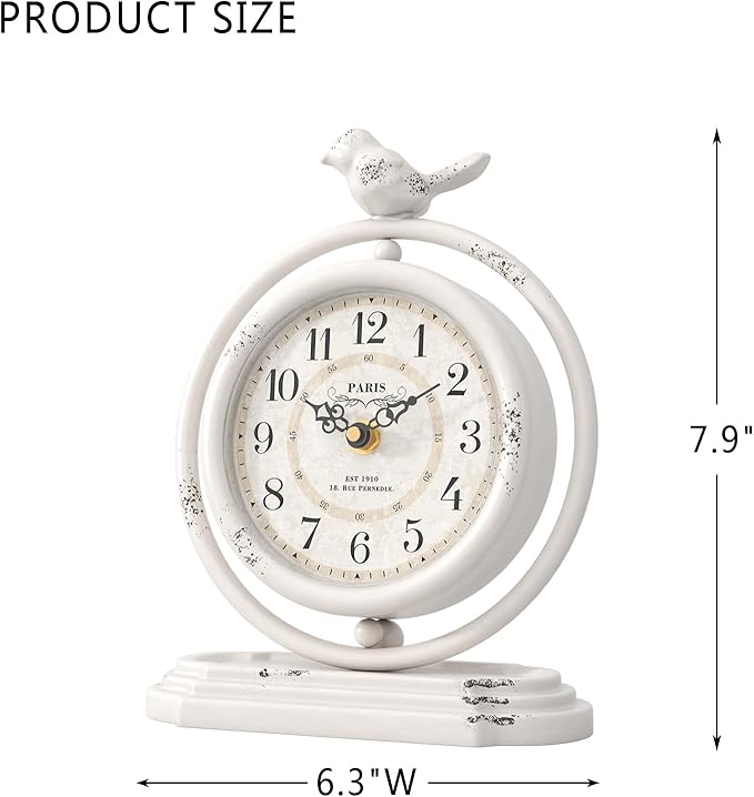 White Vintage Table Clock with Bird, European Retro Style Mantel Clocks, Desk and Shelf Decor Clock, for Living Room, Farmhouse, Bedside, Bedroom, Gift (7.9" H x 6.3" W)