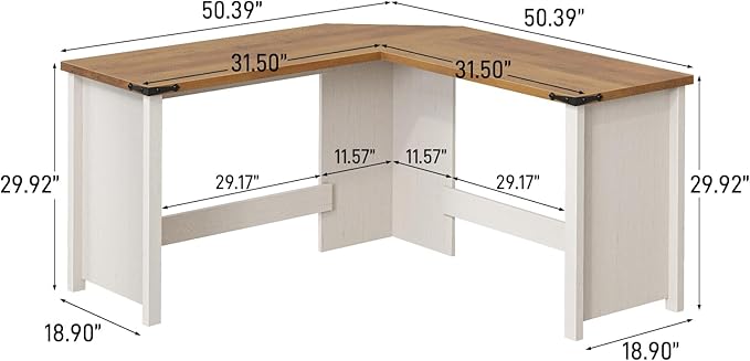 Vabches Farmhouse 50.39" L Shaped Executive Desk, Wood Corner Computer Desk for Home Office Work and Study, Sturdy Writing Workstation, Unique White