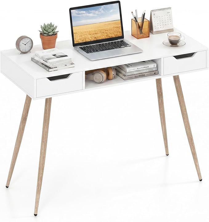 Giantex White Computer Desk with Drawers, 42.5" Minimalist Mid Century Modern Vanity Writing Desk with Open Storage Cubby & Metal Leg, Compact Wooden Study Table for Small Spaces Home Office (White)