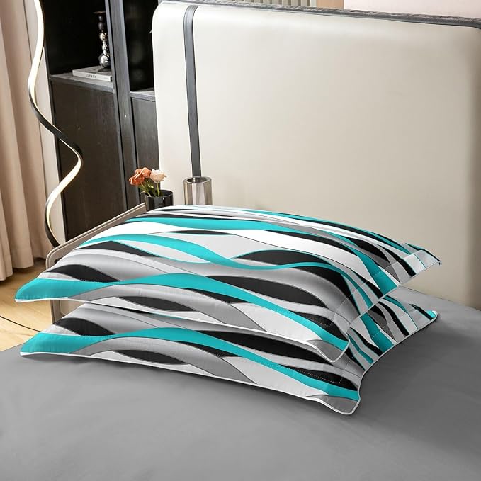 Erosebridal Teal Geometric Lines 100% Cotton Duvet Cover Queen Turquoise Striped Bedding Set for Kids Teens Adults Waves Aesthetics Stripes Comforter Cover Minimalist Art Bed Set 3 Pcs