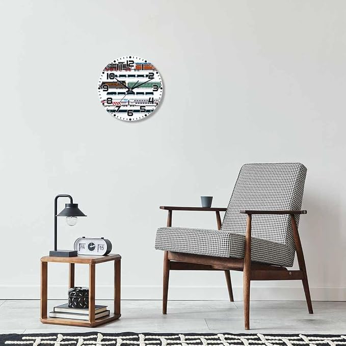 Train Wall Clock 10 inch Round Running on The Track Silent Non Ticking Wood Wall Clocks Battery Operated Easy to Read Decorative Wall Clock for Bedroom Kitchen Living Room Bathroom
