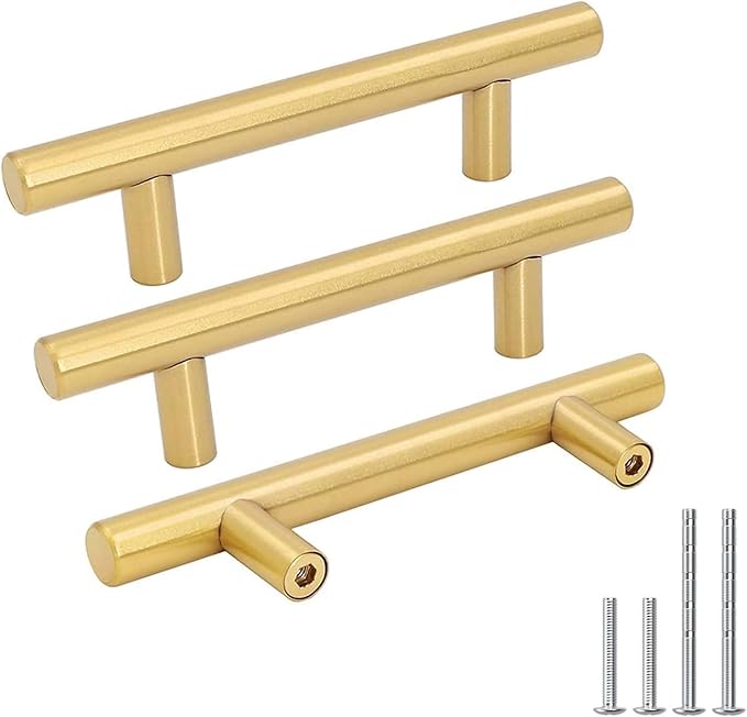 goldenwarm 1 Piece Gold Cabinet Drawer Pulls Kitchen Hardware Brushed Brass Cabinet Handles T Bar Door Pull Knobs 3in Hole Centers, 5in Overall Length