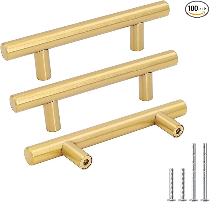 Goldenwarm 100 Pack 3 inch Gold Cabinet Handles Brushed Gold Cabinet Pulls Stainless Steel Drawer Pulls, Durable Kitchen Cabinet Handles - Bathroom Bedroom Dresser Handles Easy DIY Upgrade
