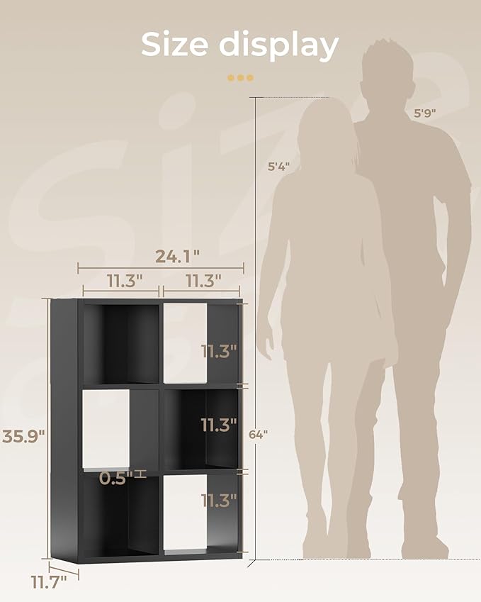 GTPLAYER 6-Cube Storage Organizer, Fits 11" Bins, Vertical or Horizontal Use, Opening Bookshelf, Partial Back Panels, Stackable Design Bookcase, for Closet, Bedroom, Home Office, Black