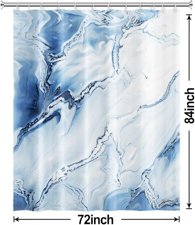 Blue Shower Curtain, Ombre Blue Marble Shower Curtain for Bathroom Modern Aesthetic Waterproof Shower Curtain Set with Hooks, 72x84 Inch