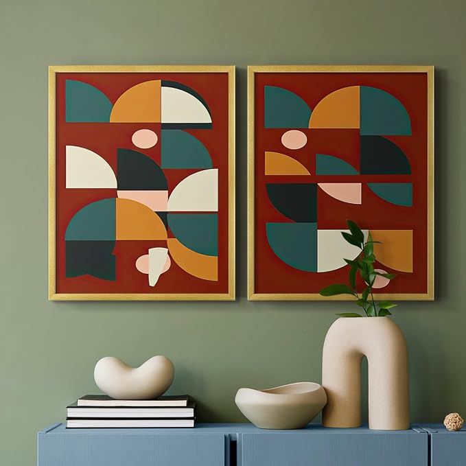 Renditions Gallery Set of 2 Peel & Stick Framed Prints, Mid Century Abstract Wall Art, Modern Geometric Shapes Wall Decor, Re-Stickable - Ready to Hang - 16"x20" - GOLD Frame LT588