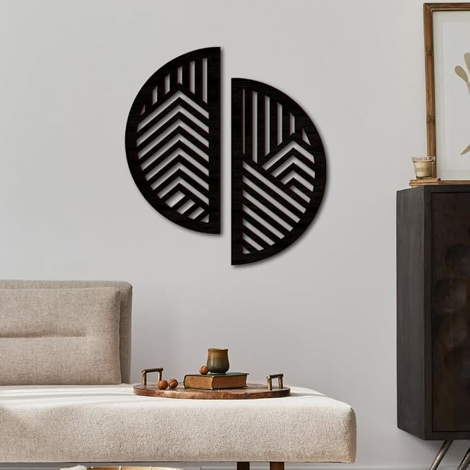 Hollow Round Wood Art Wall Decor, Modern Vintage Wooden Round Wall Sculptures, Half Round Wall Decor Hanging Abstract Panel 3D Geometric Wood Wall Art Decor for Home Office Living Room Bedroom (Black)