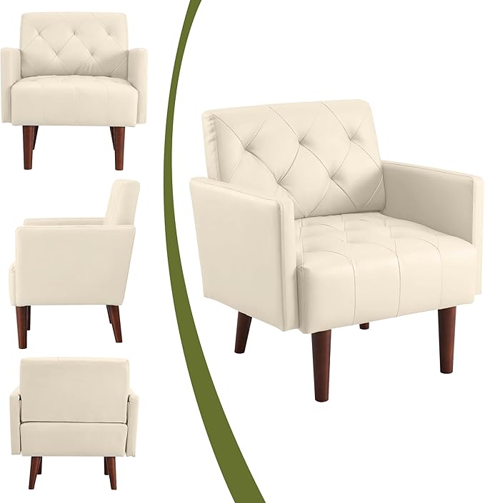 Modern Accent PU Chair, Living Room Chair Upholstered Single Sofa with 4 Sturdy Legs, Contemporary Reading Chair for Living Room, Reading Room, Bedroom (Cream)